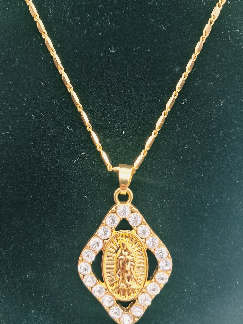 Gold-Tone Virgin Mary Pendant Necklace with Clear Crystals
